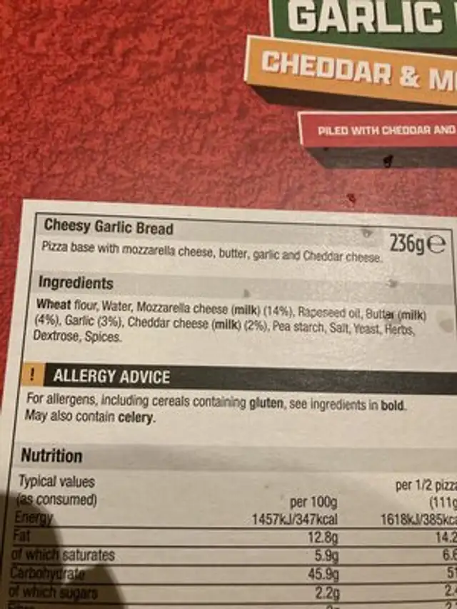 Takeaway Cheesy Garlic Bread ingredients label