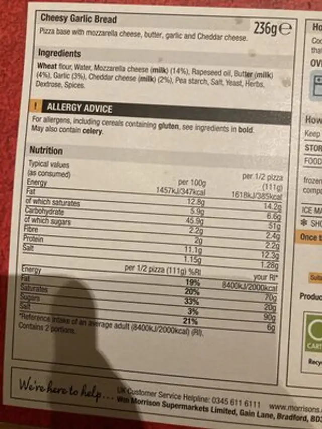 Takeaway Cheesy Garlic Bread nutrition facts table
