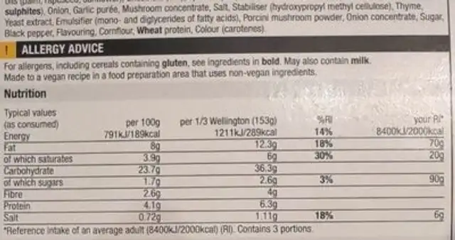 Plant Revolution Festive Wellington nutrition facts table