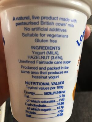 Hazelnut yoghurt ingredients label
