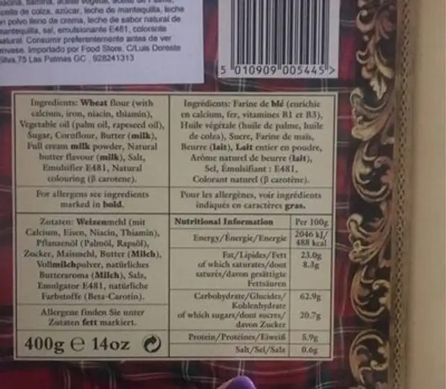 Shortbread nutrition facts table