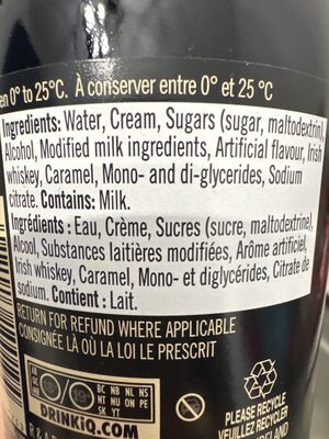 Creme irlandaise ingredients label