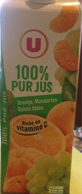 100% pur jus Orange,Mandarine,Raisin blanc front packaging
