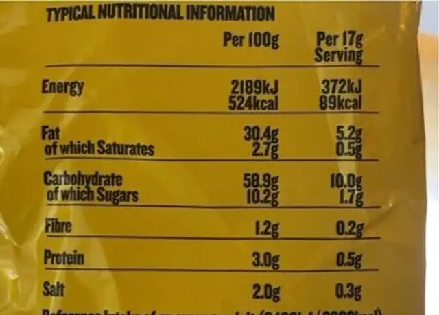 Skips crisps nutrition facts table