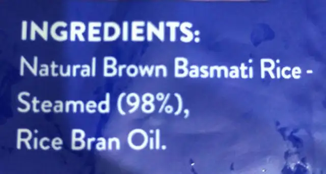 Brown Basmati Wholegrain Rice ingredients label