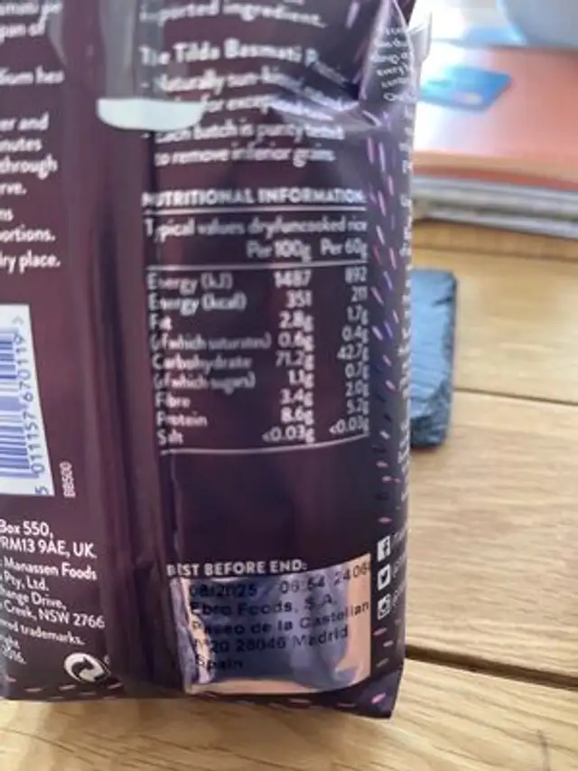 Brown Basmati Wholegrain Rice nutrition facts table