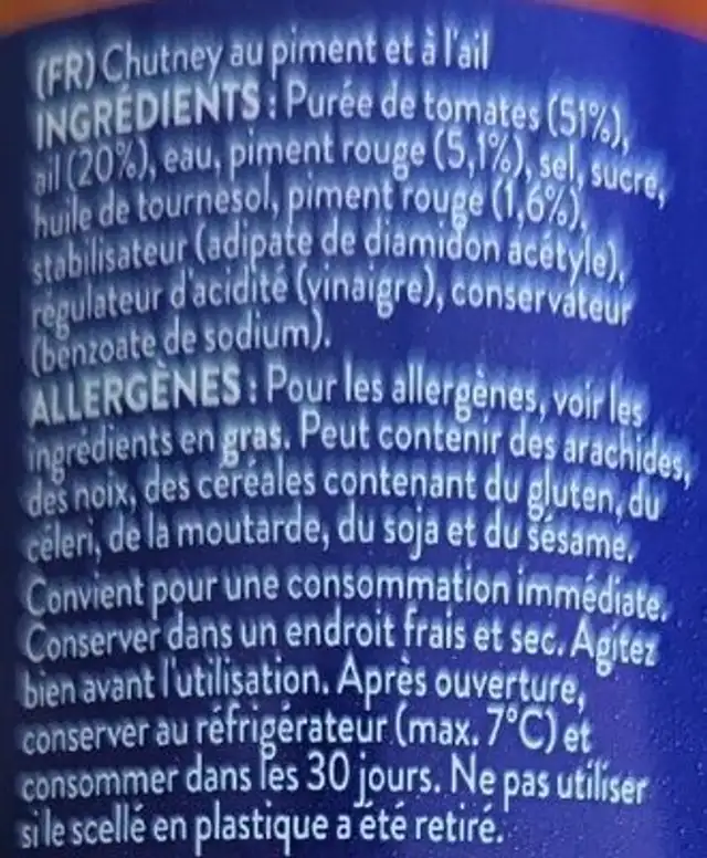 Chilli And Garlic ingredients label