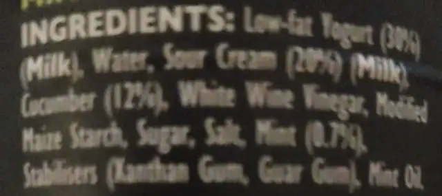 Cool mint raita ingredients label