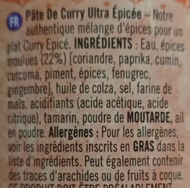 Extra hot curry paste ingredients label