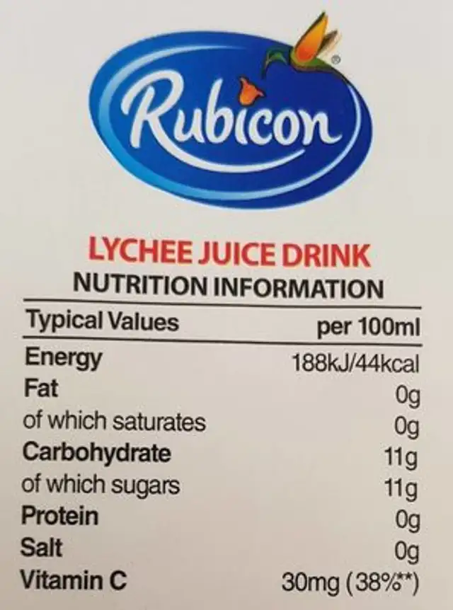Rubicon still Lychee 1lr nutrition facts table