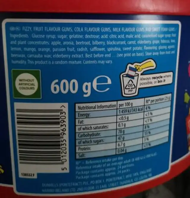 Gummy bears ingredients label