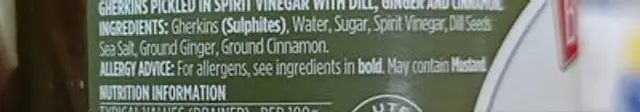 Sliced Gherkins ingredients label