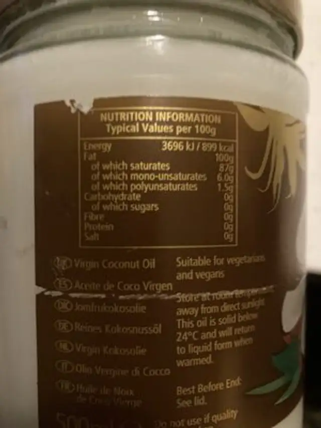 100% Virgin Coconut Oil, Kaltgepresst nutrition facts table