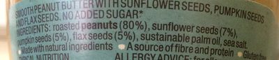 Peanut butter with sunflower, pumpkin & flax seeds ingredients label