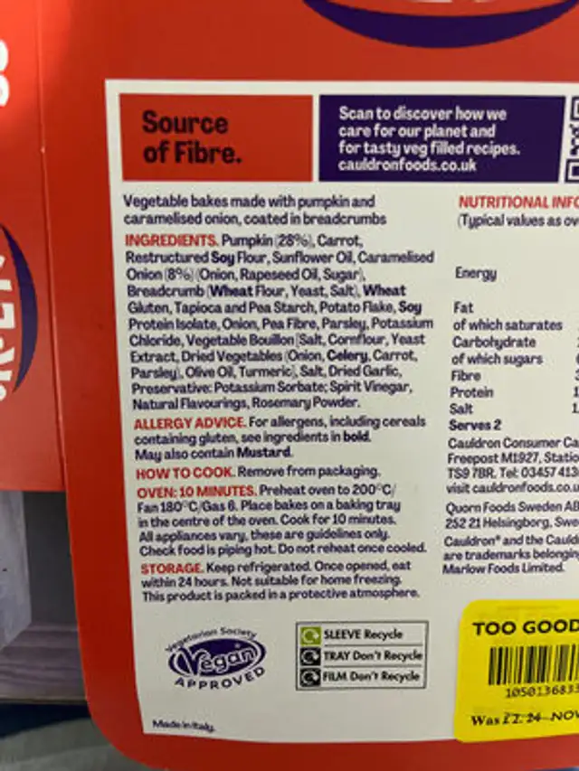 Pumpkin And Caramelised Onion Veggie Bakes ingredients label