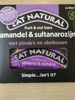 Fruit & nut bar Amandel & Sultanrozijn met pinda's en abrikozen front packaging