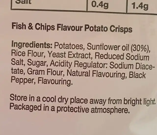 Fish & Chips ingredients label