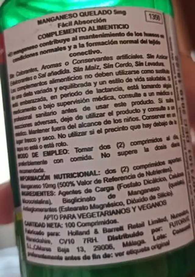 Chelated manganeso 5mg nutrition facts table