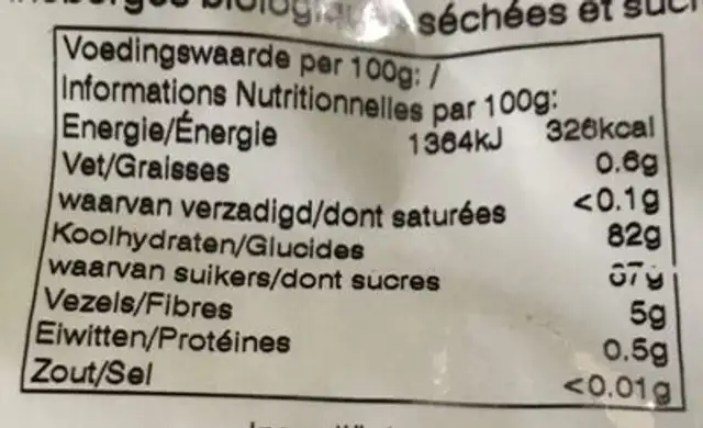 Canneberges biologiques séchées nutrition facts table