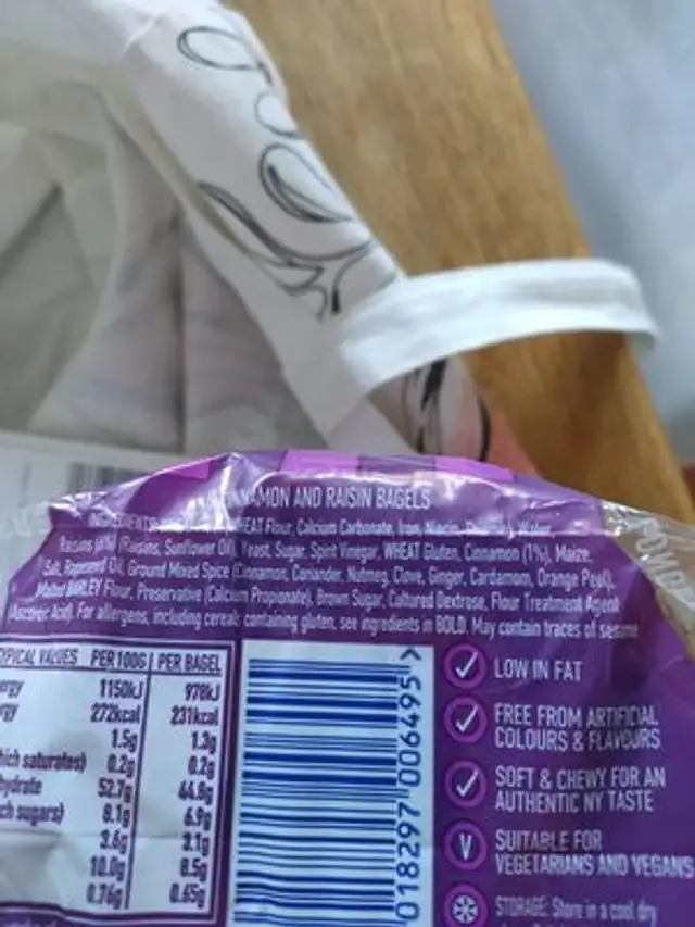 Cinnamon & raisin bagels ingredients label