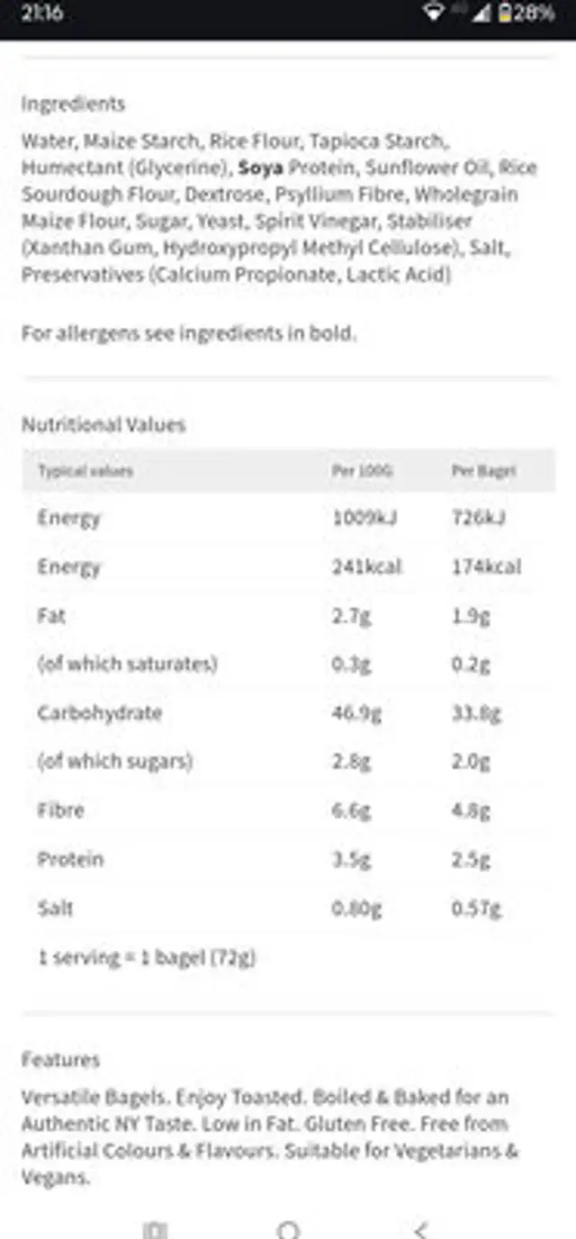 Gluten free bagels ingredients label