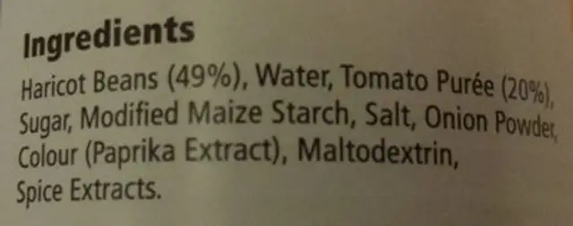 BAKED BEANS IN TOMATO SAUCE ingredients label
