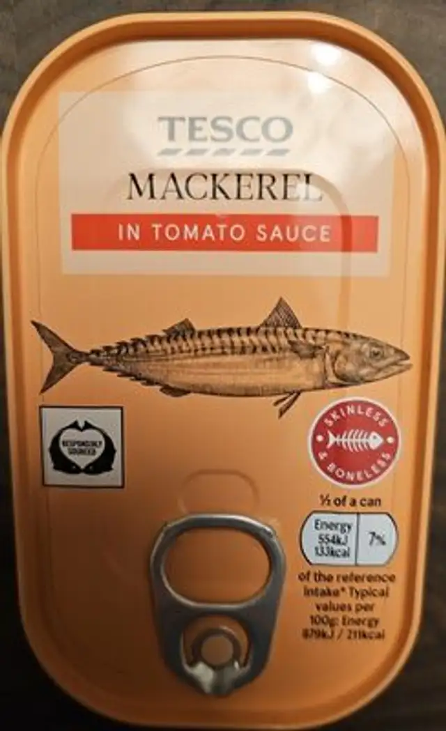 Tesco mackerel in tomato sauce front packaging
