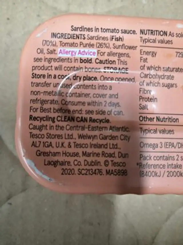 Tesco mackerel in tomato sauce ingredients label