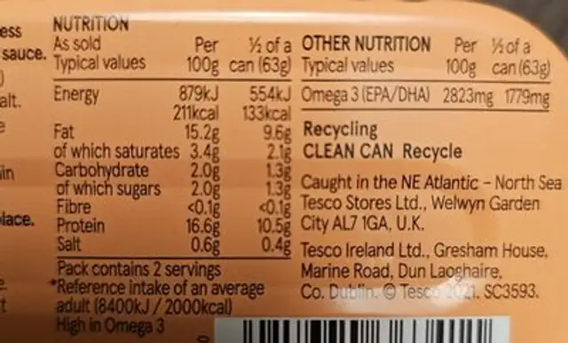 Tesco mackerel in tomato sauce nutrition facts table