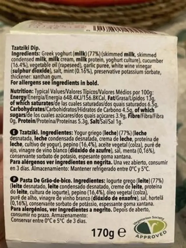Tzatziki ingredients label