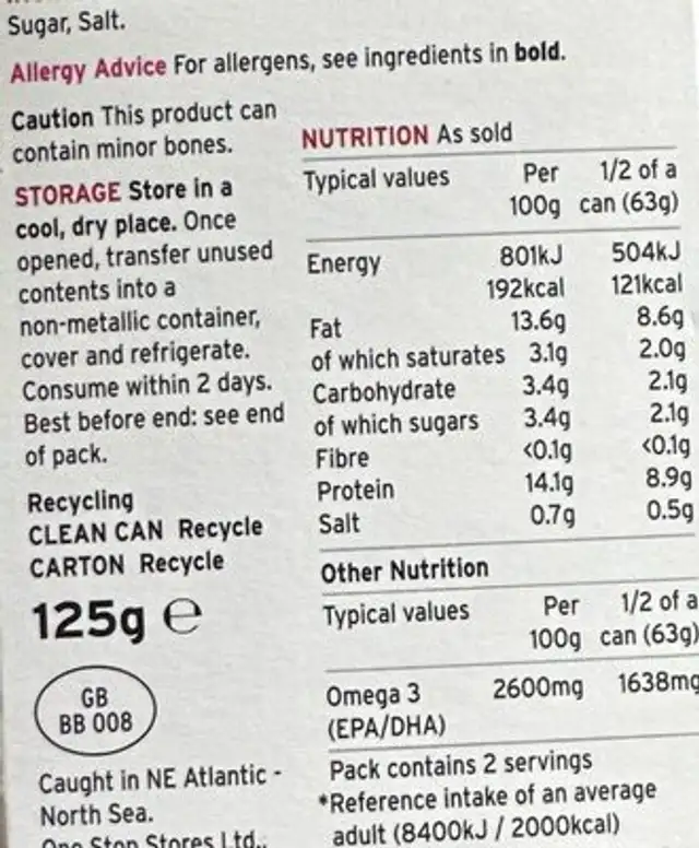 Unknown nutrition facts table
