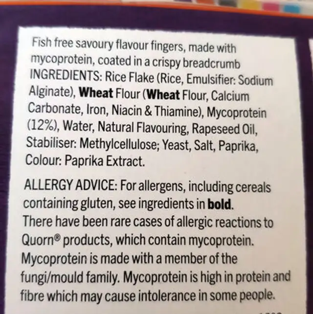 Vegan Fishless Fingers ingredients label