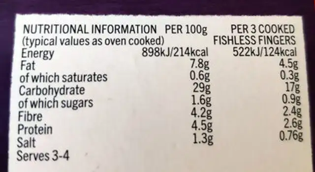 Vegan Fishless Fingers nutrition facts table
