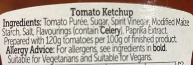 Tomato Ketchup ingredients label