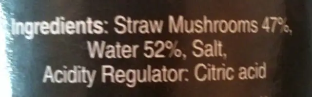 Straw Mushrooms Half Cut ingredients label
