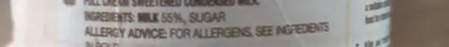 Condenesed milk ingredients label