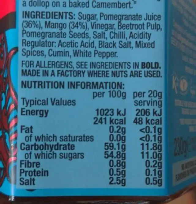 Pomegranate & Mango chutney nutrition facts table
