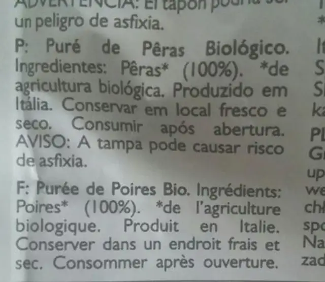 Organic Fruit Purée ingredients label