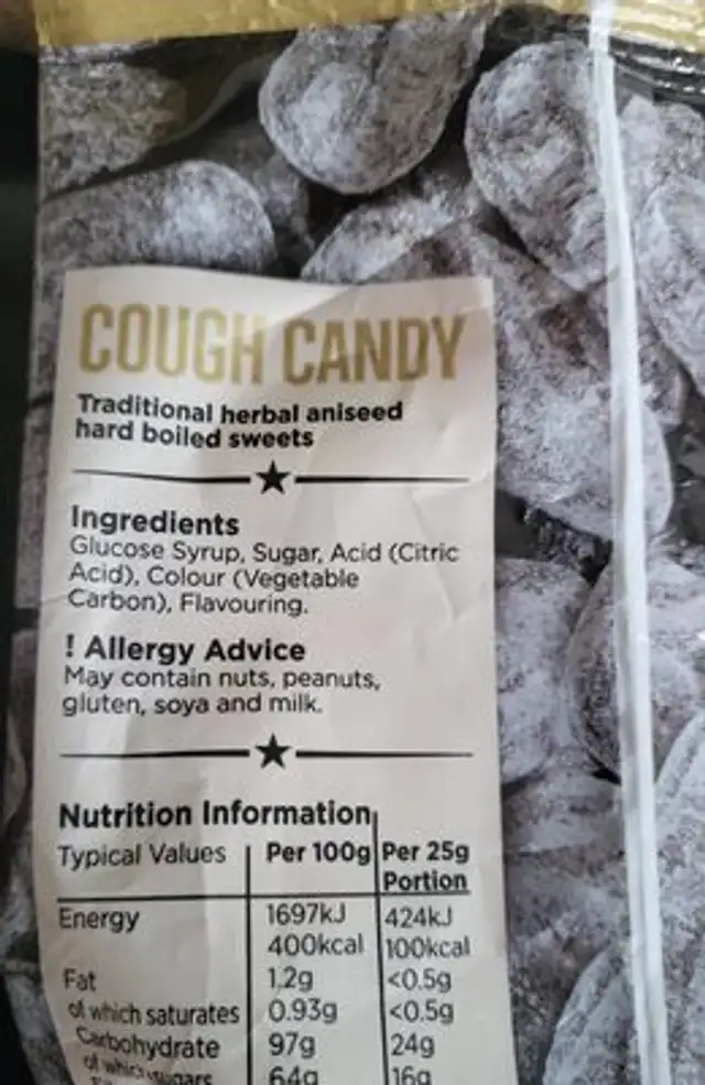 Cough Candy ingredients label