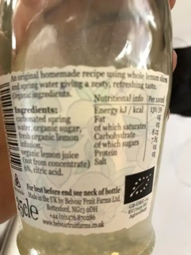 Refresco orgánico de limón Belvoir ingredients label