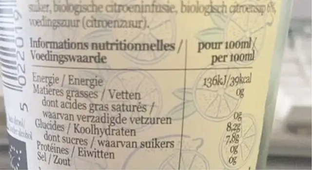 Refresco orgánico de limón Belvoir nutrition facts table