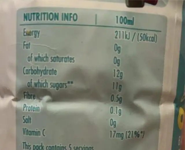 Pineapple & passionfruit Smoothie nutrition facts table