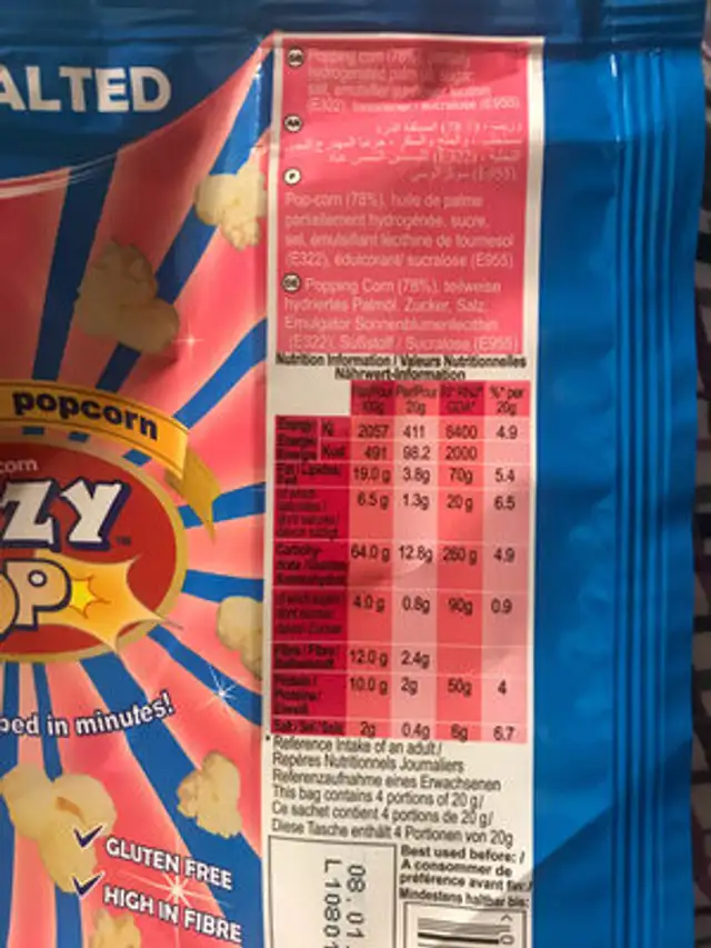 EazyPop Microwave Popcorn Sweet and Salted Flavour ingredients label