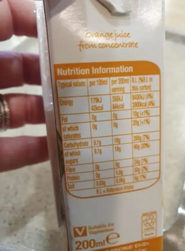Orange juice from concentrate ingredients label