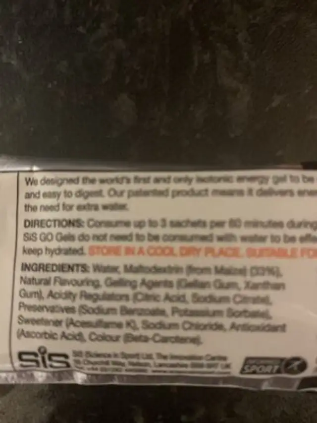 Gel Energetique Sis Go Isotonique ingredients label