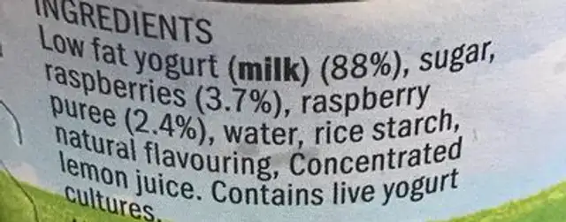 Raspberry Creamy Yoghurt ingredients label