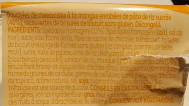 Mochi Cheesecake Mangue ingredients label