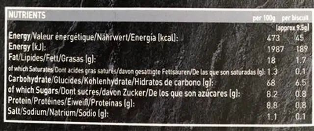 Stornoway Water Biscuits Original nutrition facts table