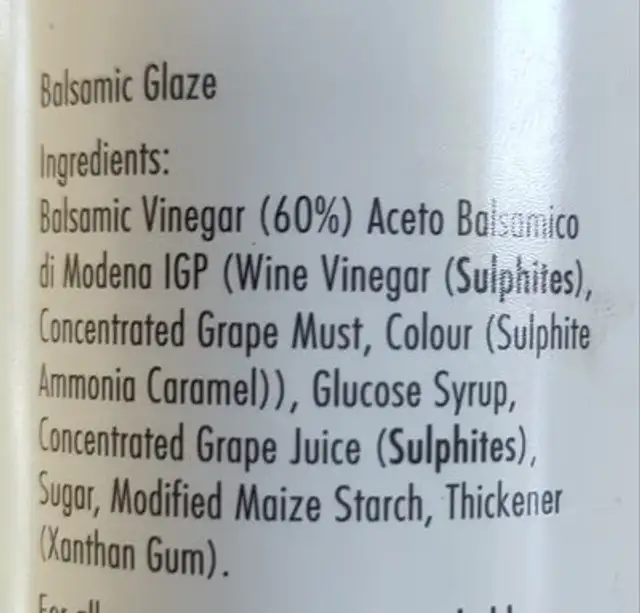 Balsamic Glaze ingredients label