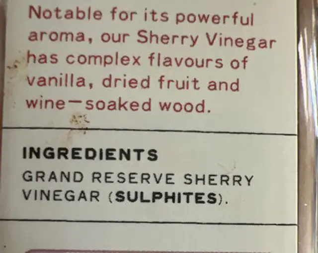 Sherry Vinegar ingredients label